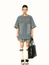 夏用コットン製 水洗い風合いのチェック柄刺繍Tシャツ【ノスタルジックデザイン・ショートスリーブ】