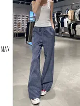 高身長向け ブルーチェック柄 夏用軽量ストレートパンツ【極上の柔らかさ・ワイドレッグ】