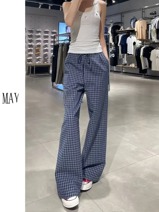 高身長向け ブルーチェック柄 夏用軽量ストレートパンツ【極上の柔らかさ・ワイドレッグ】