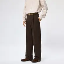 ビンテージ風ダークブラウンカラーのフィットパンツ【秋冬用・シングルプリーツ・ワイドストレート】