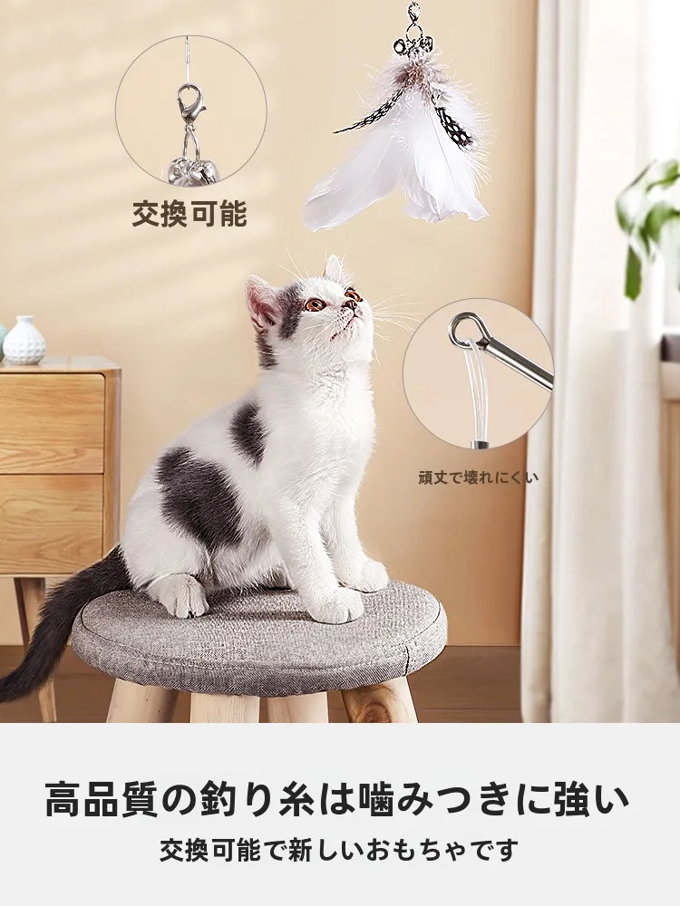 伸縮可能な長い猫用おもちゃ：釣り竿型フェザー付きの実用性と使用シーン