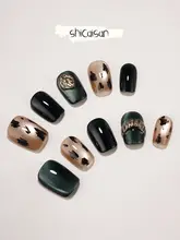 ネイルチップ ハンドメイド シ ョート キャッツアイ エメラルドグリーン 上品
