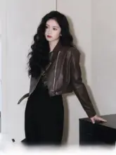 TAIYANG レトロデザインのショートレザージャケット【ダークブラウン・バイクスタイル・女性用】