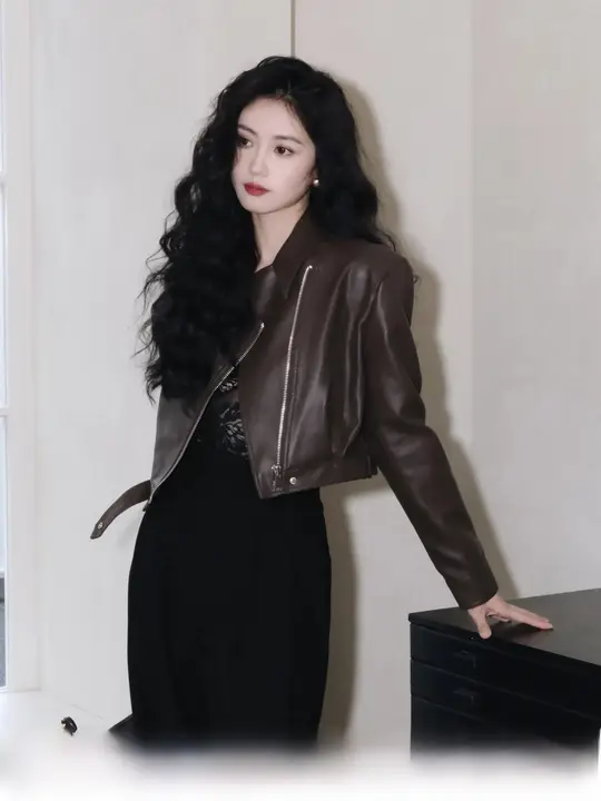 TAIYANG レトロデザインのショートレザージャケット【ダークブラウン・バイクスタイル・女性用】