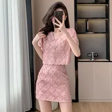 Xiaoxiangfeng ピンクのレースのトップとスカート スーツ