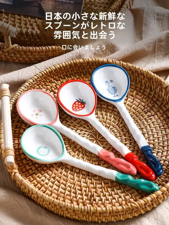 陶器製 手描きスプーン【可愛いデザイン・デザート用・キッズ用】