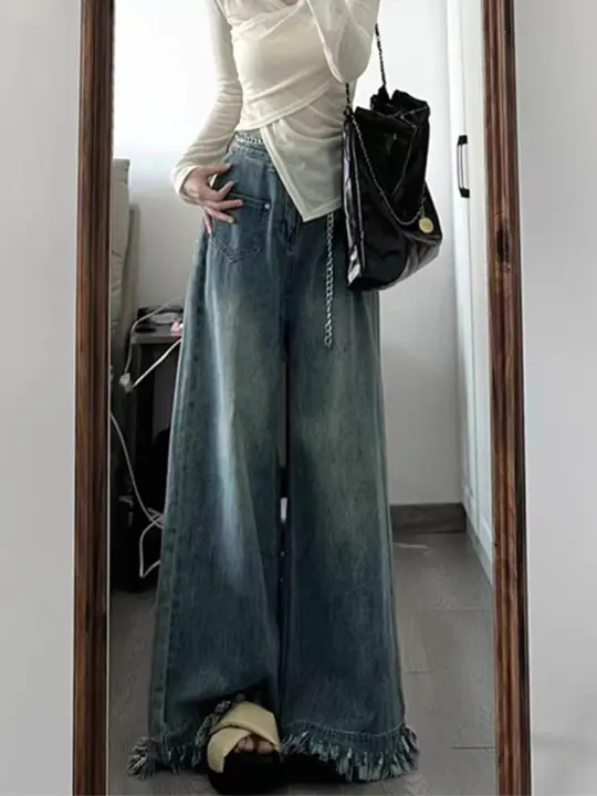 ヴィンテージ風フリンジ付きワイドレッグデニムパンツ【春秋用・ゆったりデザイン】（セットアップ対応）