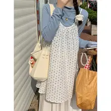 春用フラワープリントキャミソールワンピースとハイネックTシャツ重ね着【甘美スタイル・ブルー】（セットアップ対応）