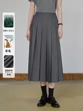 上品なグレーのハイウエストAラインミディスカート【プリーツデザイン・シンプルスタイル】
