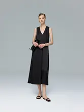 エレガントなVネックノースリーブドレス【サテン風・シンプルデザイン】