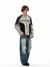 ビンテージ風 カラーブロックジャケット【スタンドカラー・ユニセックス・バイク用】