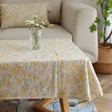 刺繍入りナチュラルベージュテーブルクロス【リネン混・長方形・軽奢華・茶の間用】