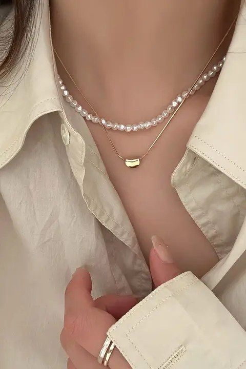 二重パールネックレス【女性用・ロックチェーン・重ね付けデザイン】