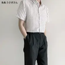 メンズ 半袖ストライプシャツ【薄手・フラットカラー・カジュアルスタイル】