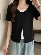 コットン混バイカラー切替えデザイン Tシャツ【女性用・夏・ゆったりシルエット・上品なスタイル】