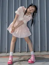 PINKDOG ピンクドッグ ひまわり柄 バルーンスリーブ ワンピース【夏用・子供向け・縦じま】