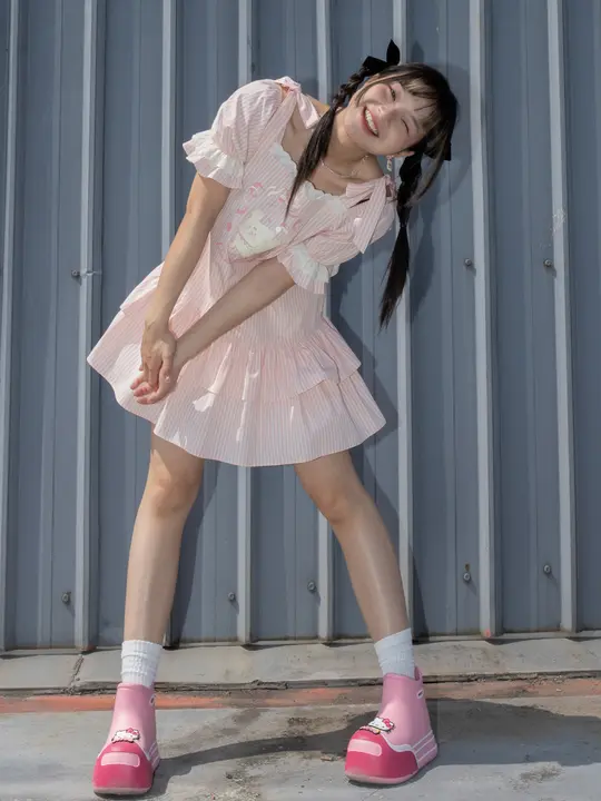 PINKDOG ピンクドッグ ひまわり柄 バルーンスリーブ ワンピース【夏用・子供向け・縦じま】
