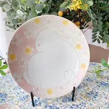 陶器製 ピンク花うさぎ ディナーセット【家庭用・浅皿・カレー皿対応】