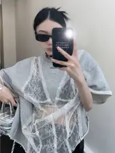レディース 夏用 透かし編みデザイン Tシャツ【ゆったりシルエット・ショートスリーブ・レトロスタイル】