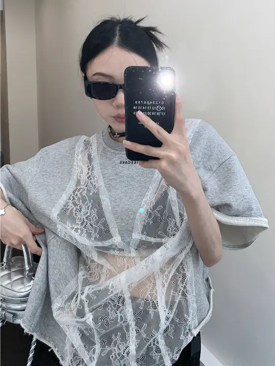 レディース 夏用 透かし編みデザイン Tシャツ【ゆったりシルエット・ショートスリーブ・レトロスタイル】
