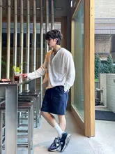 白色ヘンリーネックボーダー編み長袖Tシャツ【シンプルデザイン・防晒対応・男性用】