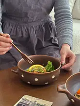 レトロなブラウンドットの両耳ボウル【粗陶製・デザート・フルーツ・サラダ・スープ用・贈り物にも】