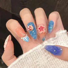 プレスオンネイル アーモンド型 3Dアート マリンテイスト 夏 上品 ラグジュアリー ハンドメイド 色白効果