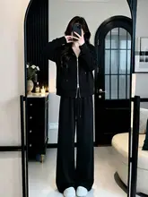 大きいサイズのカジュアルフード付きパーカー【春用・上品なデザイン・ワイドパンツ】（セットアップ対応）