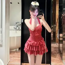 セクシーなハイネックワンピース水着【ドット柄・保守的デザイン・小胸をカバー】