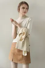女性用 ニット半高領 五分袖トップス【ウール混・スリムフィット・秋用】