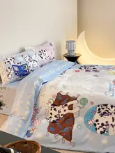 手描きのブルーコットンのドット犬柄布団カバー【四点セット・100%コットン】（セットアップ対応）