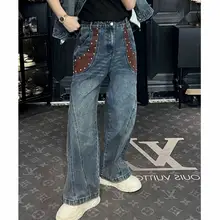 アメリカンスタイル ヴィンテージ風 高級感のあるレザー刺繍デニムベスト【秋用・ワイドレッグストレートパンツ対応】（セットアップ対応）