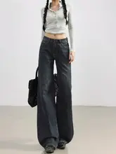 ブルーグレーのハイウエストワイドレッグデニムパンツ【女性用・したストレートフィット・おしゃれ】（セットアップ対応）