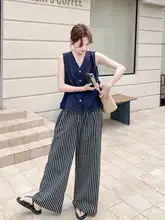 復古スタイルの薄手デニムベスト【夏用・カジュアル・フィット・ストライプ ワイドパンツ】（セットアップ対応）