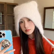 カートゥーン耳付きウサギファー編みニット帽【秋冬用・暖かい・保護耳】