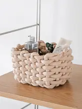 北欧風 コットンロープ編み収納バスケット【大サイズ・皮製ハンドル付き・デスク用整理】