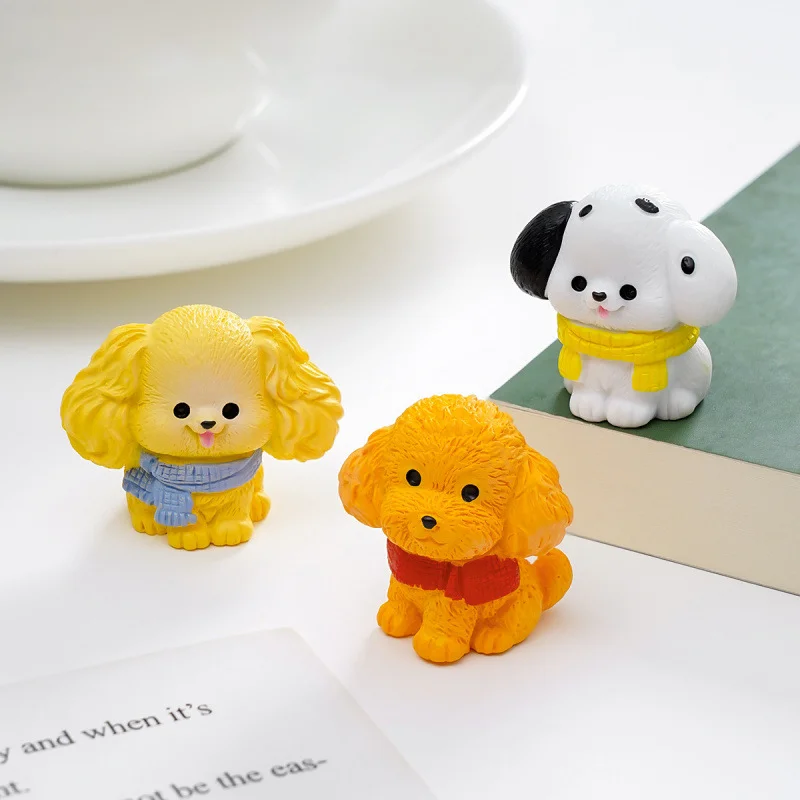 かわいいテディベアドットスカーフのミニ犬フィギュア【車内デスク用・DIY装飾アクセサリー】