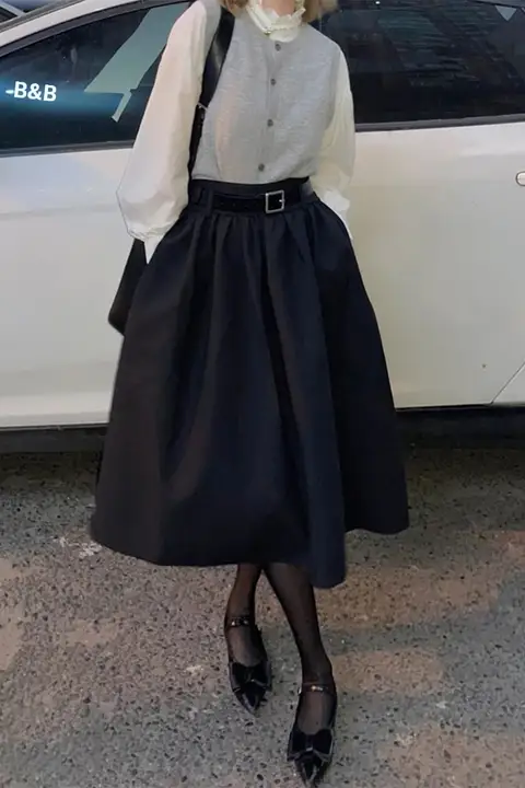 YH2.Chennnnn レディース ブラック低腰スカート【フレンチスタイル・モダンデザイン】