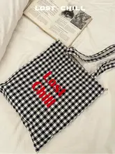 Lost Chill ブラックホワイトチェックキャンバストートバッグ【レッド刺繍・カジュアルデザイン】