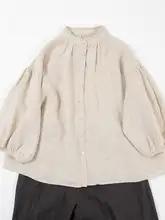 リネン使用 フリルネックのゆったりシャンブレーシャツ【春夏用・レディース・皺感】