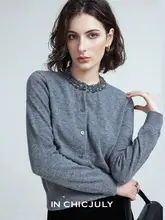 クラシックグレーのカシミヤニットカーディガン【柔らかな肌触り・長袖・秋用・ビジュー装飾】