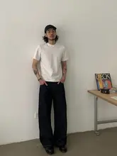ヴィンテージ風 パリスタイルボタン付きストレートデニムパンツ【ユニセックス・ややゆったり・ロングパンツ】