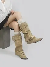 長膝丈の西部風ブーツ【金属ベルトアクセント・皺加工・女性用】