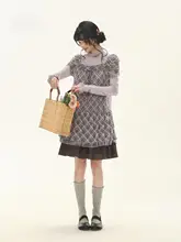 復古風フリル裾のスクエアネックチェック柄シャツワンピース【春向け・女性用】