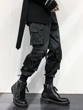 黒色の多機能カーゴパンツ【束脚デザイン・ゆったりシルエット・タクティカルポケット】