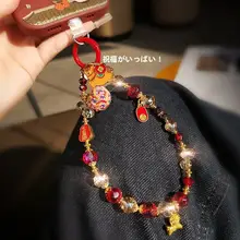 水晶金珠の招財猫スマホストラップ【独特なデザイン・軽やかで上品・短め】