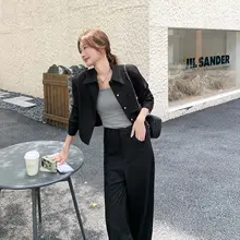 黒のクールな高級感アンサンブル【春秋用・気品ある女性スタイル・お出かけコーデ】（セットアップ対応）
