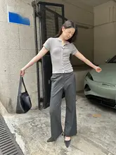レトロ風のローウエストフィットストライプパンツ【カジュアル・春秋用・九分丈】