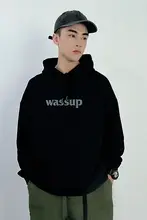 パーカー ユニセックス レターロゴ プリント 裏起毛 オーバーサイズ ルーズ ペア 春 秋 冬「WASSUP」