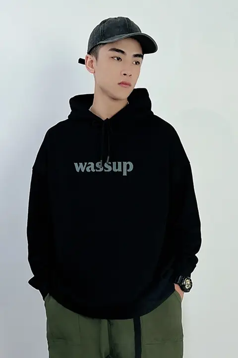 パーカー ユニセックス レターロゴ プリント 裏起毛 オーバーサイズ ルーズ ペア 春 秋 冬「WASSUP」